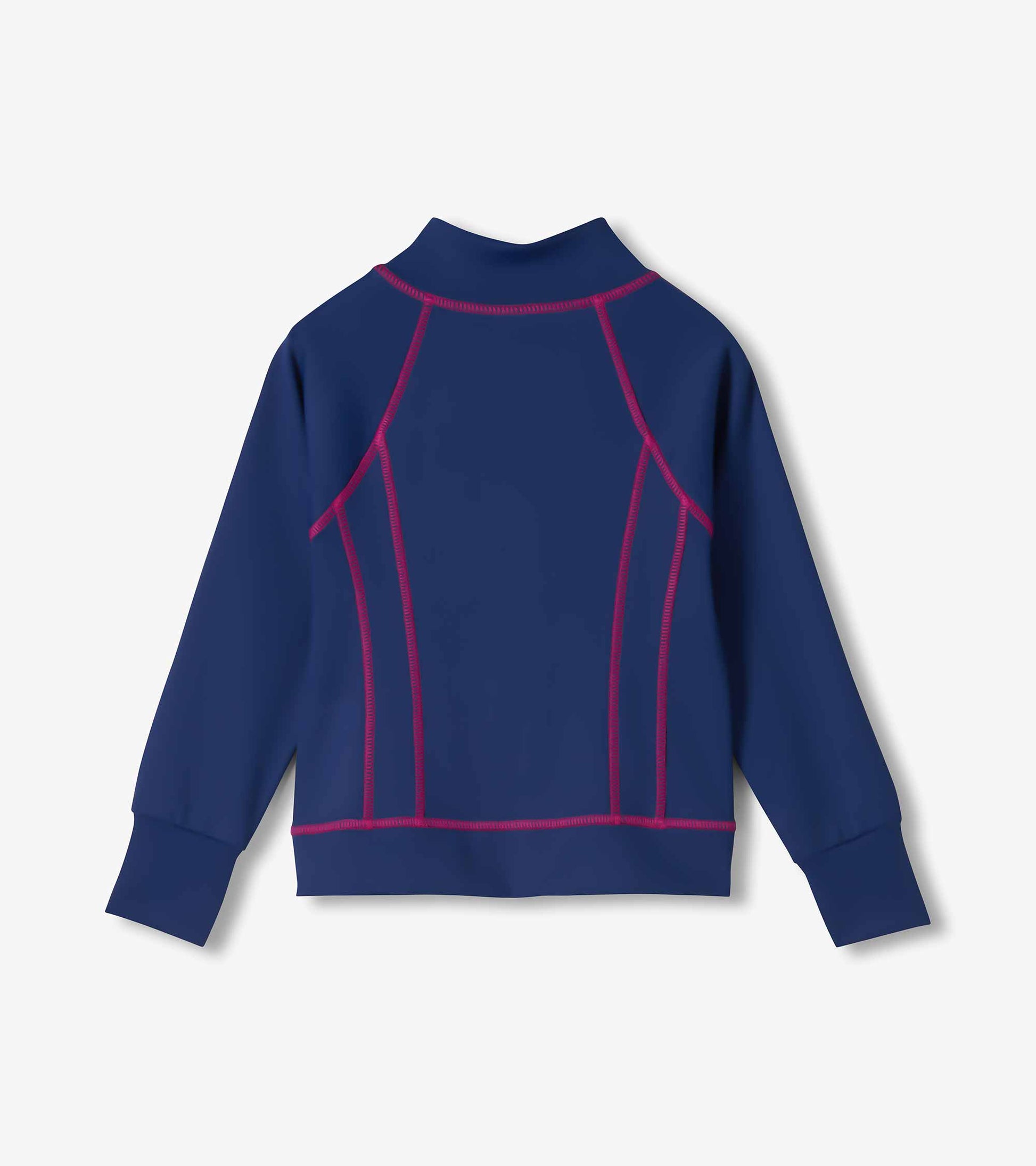Girls blue active jacket back view with pink contrast stitching and long sleeves