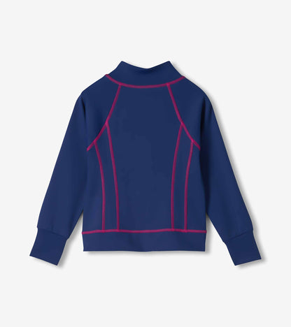 Girls blue active jacket back view with pink contrast stitching and long sleeves