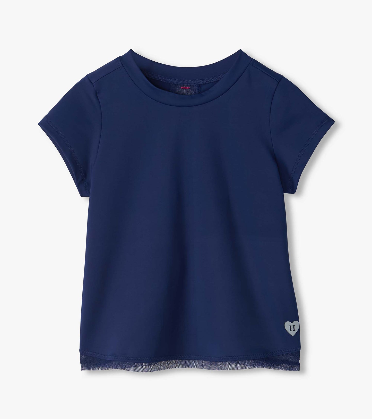 Front view of blue short sleeve tee with mesh hem trim and small heart H detail near the lower front