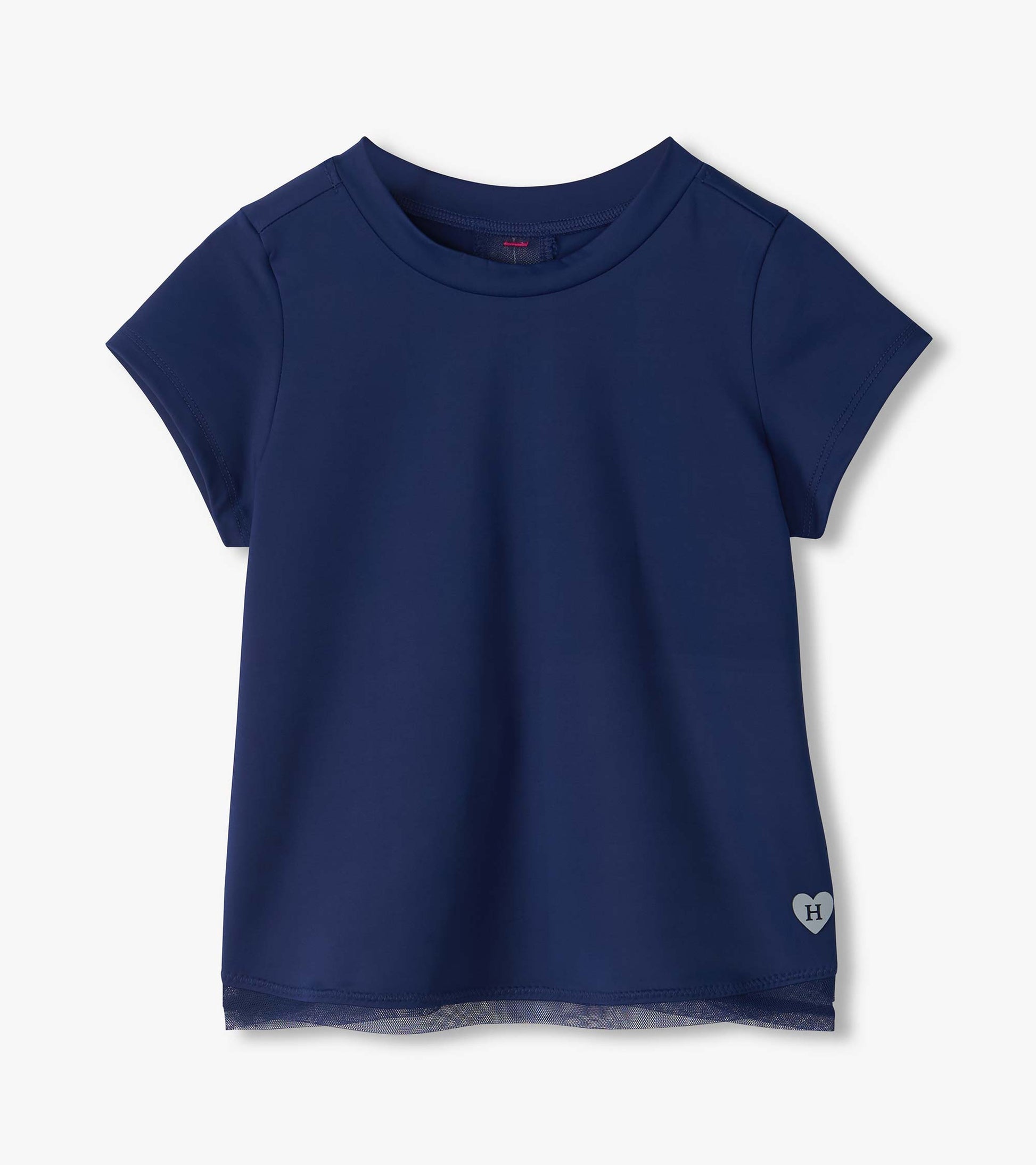 Front view of blue short sleeve tee with mesh hem trim and small heart H detail near the lower front