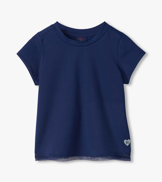 Front view of blue short sleeve tee with mesh hem trim and small heart H detail near the lower front