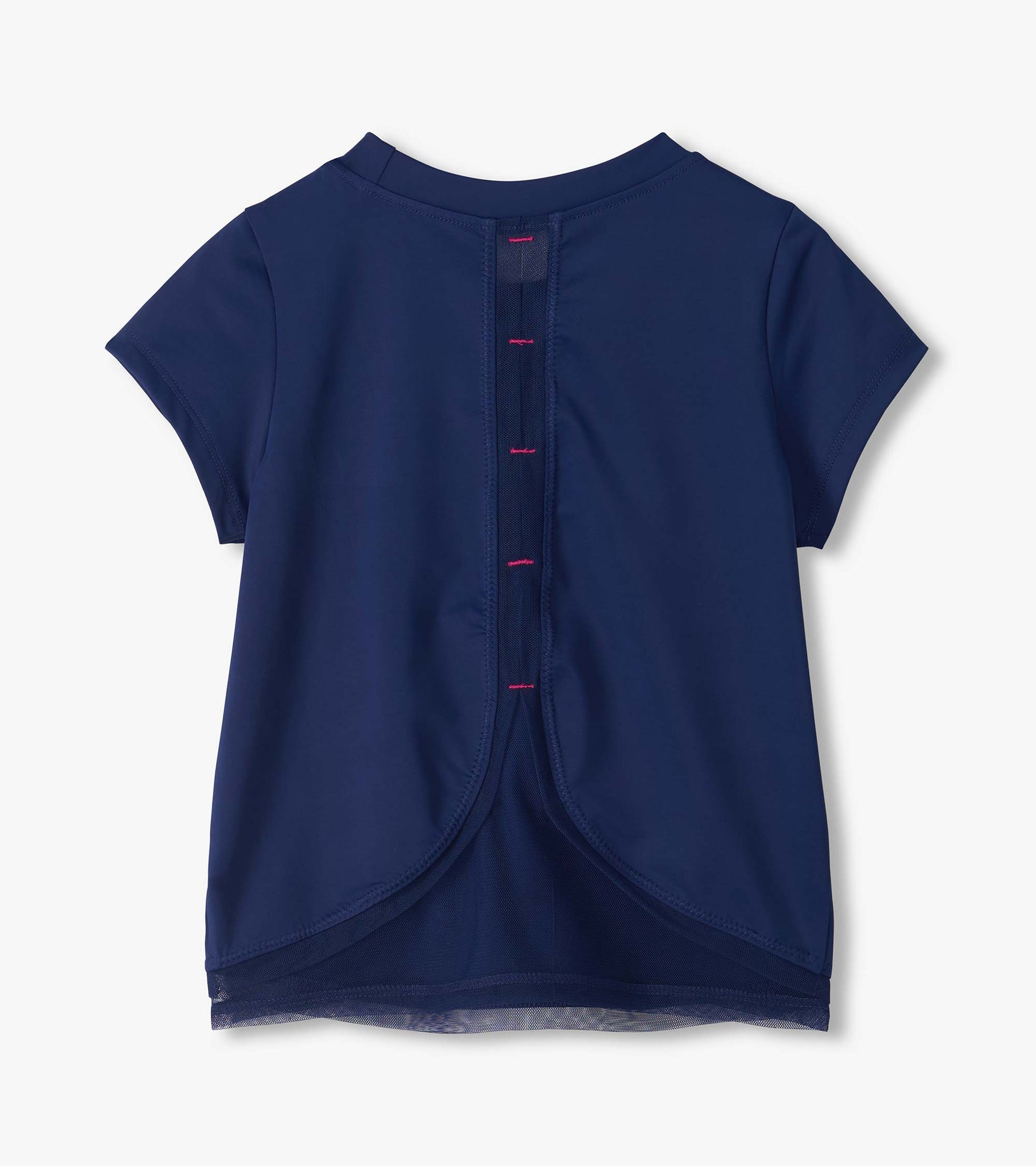 Back view of blue short sleeve tee with center mesh panel, pink stitch accents, and mesh hem trim