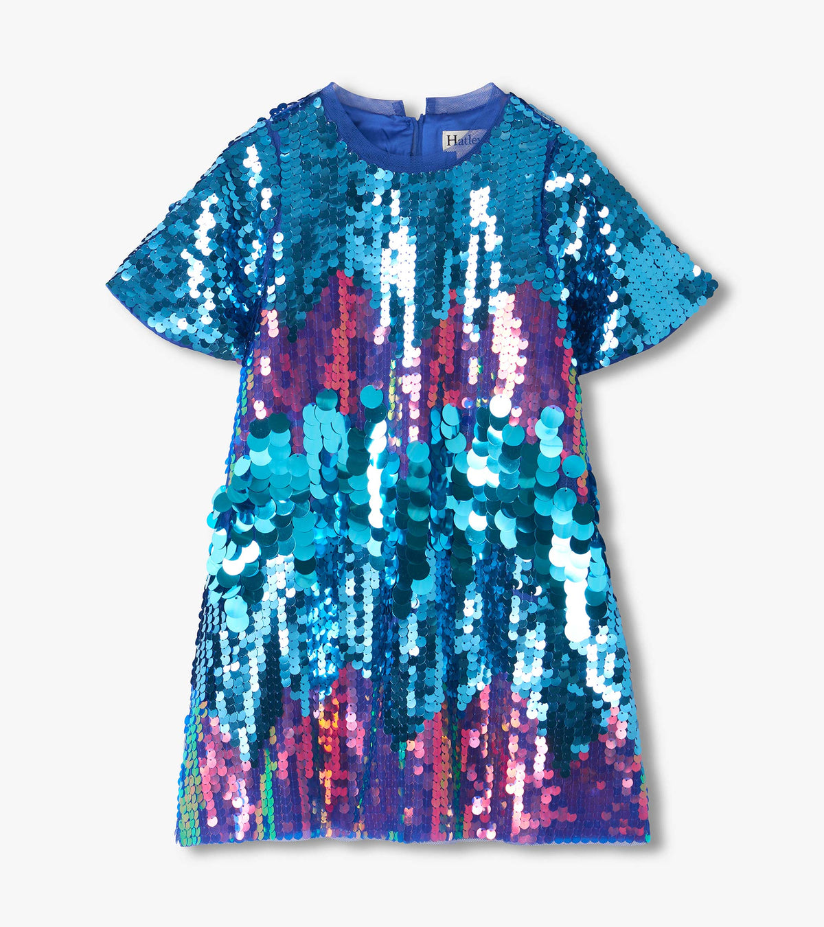 Front view of girls sequin dress with short sleeves and blue, purple, and pink iridescent color shift