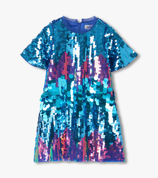 Front view of girls sequin dress with short sleeves and blue, purple, and pink iridescent color shift