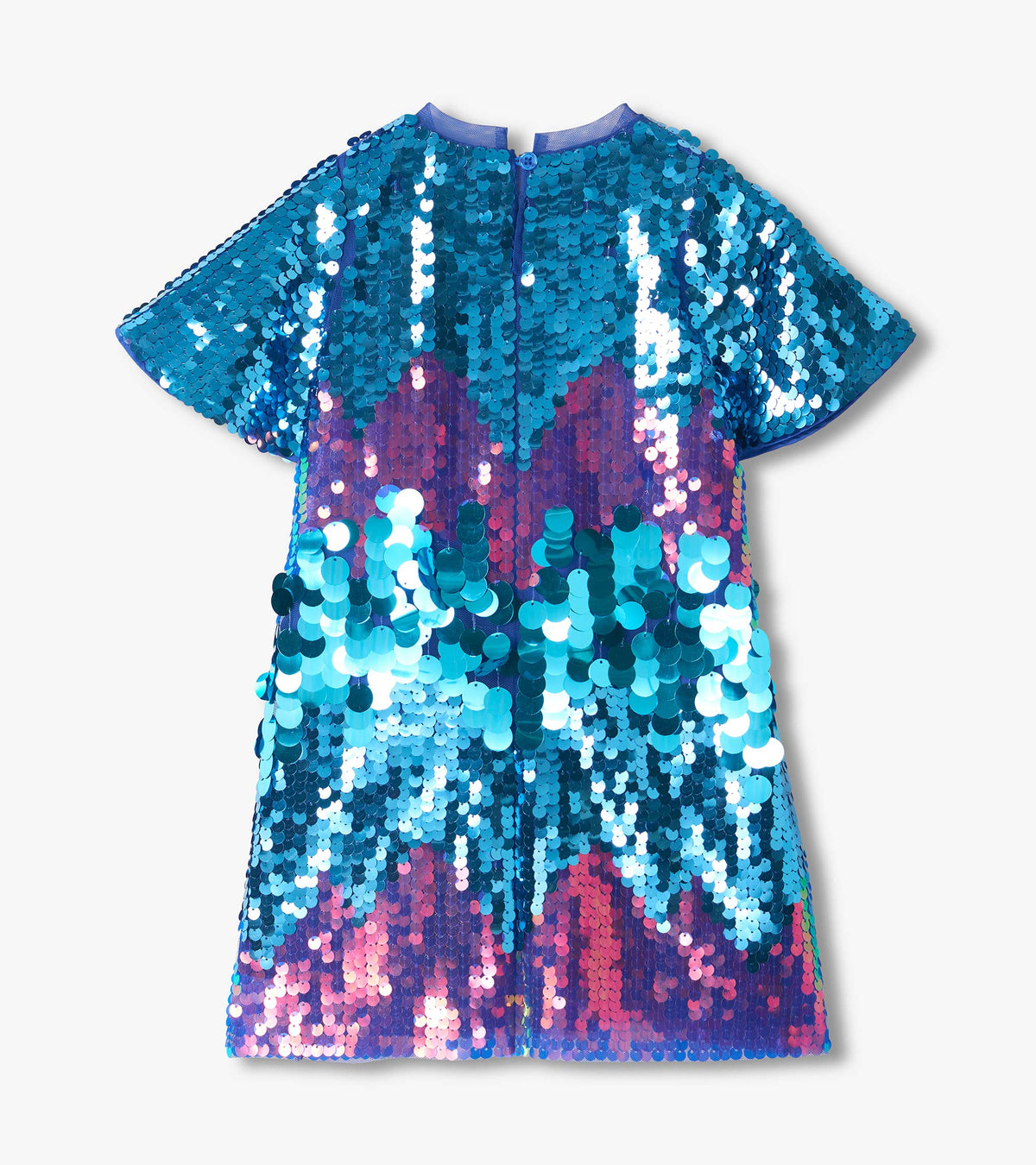 Back view of girls sequin dress with short sleeves and blue, purple, and pink iridescent color shift