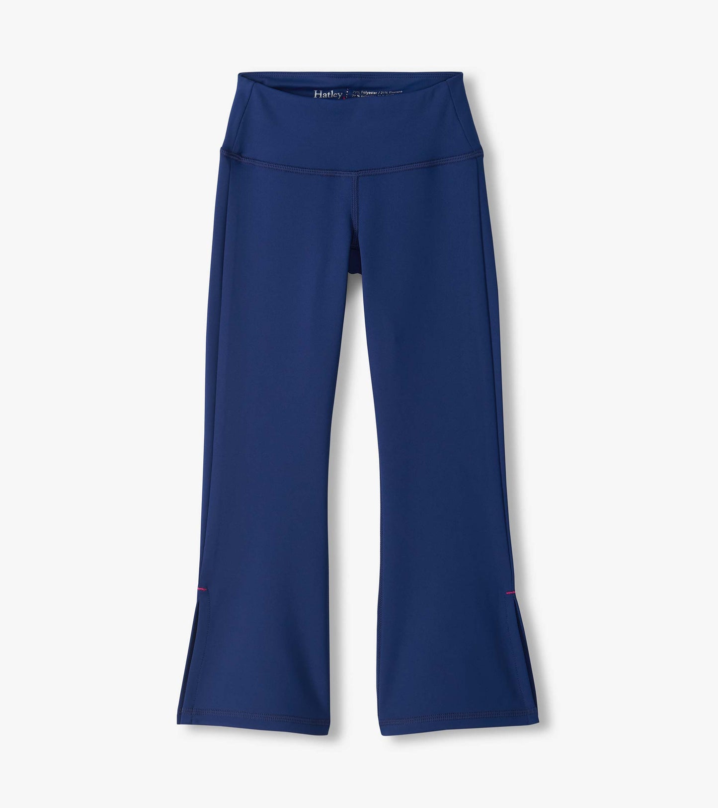 Blue active flared pants with a wide waistband and full-length legs