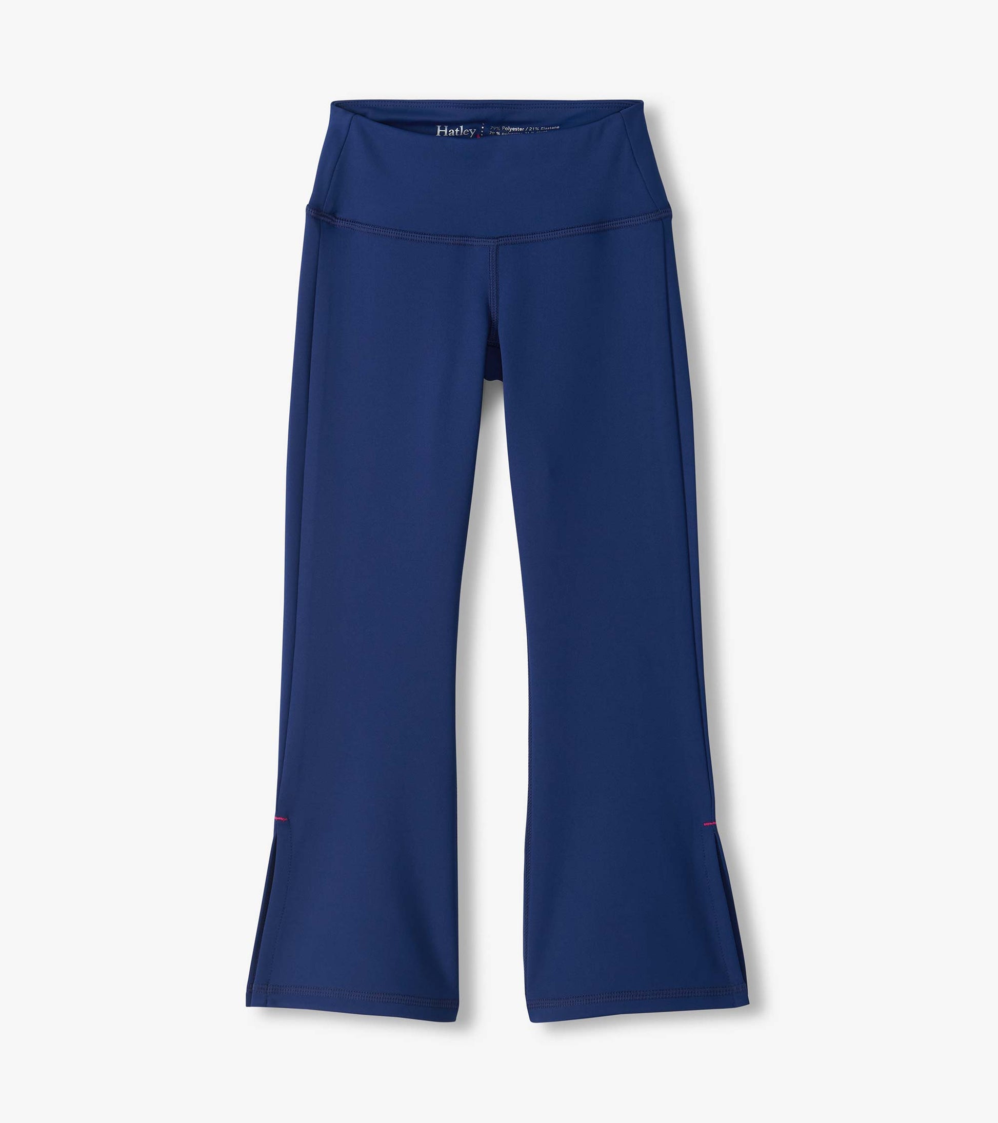Blue active flared pants with a wide waistband and full-length legs