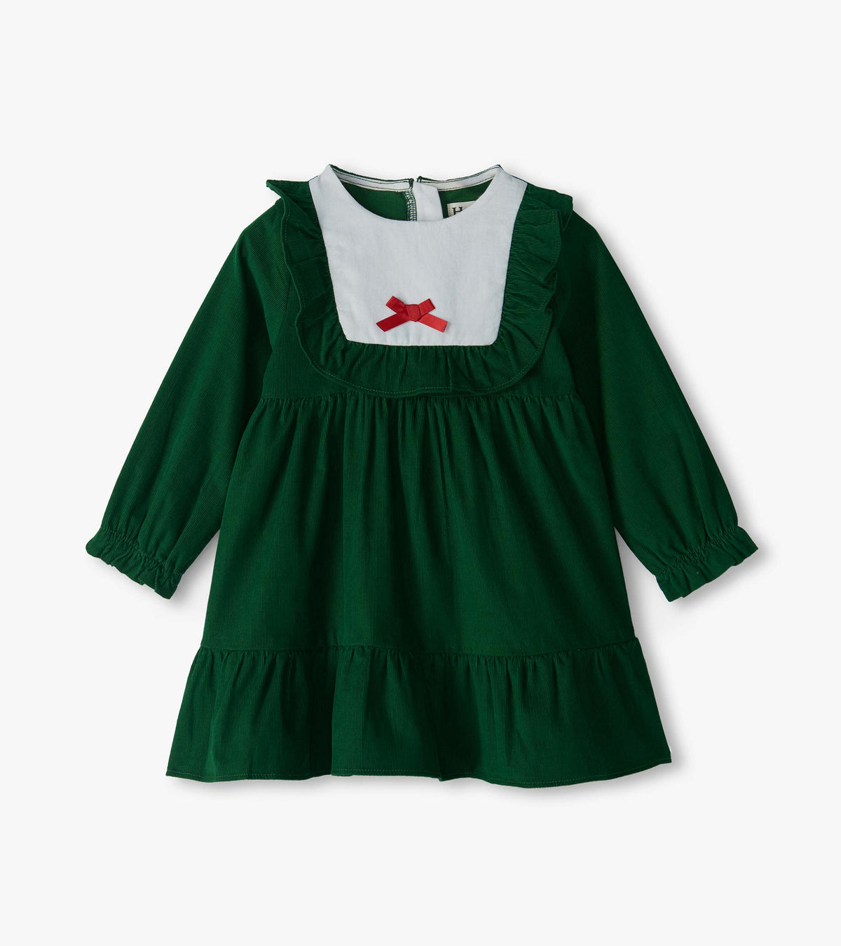 Front view of green long sleeve ruffle dress with white bib collar, red bow, and tiered hem