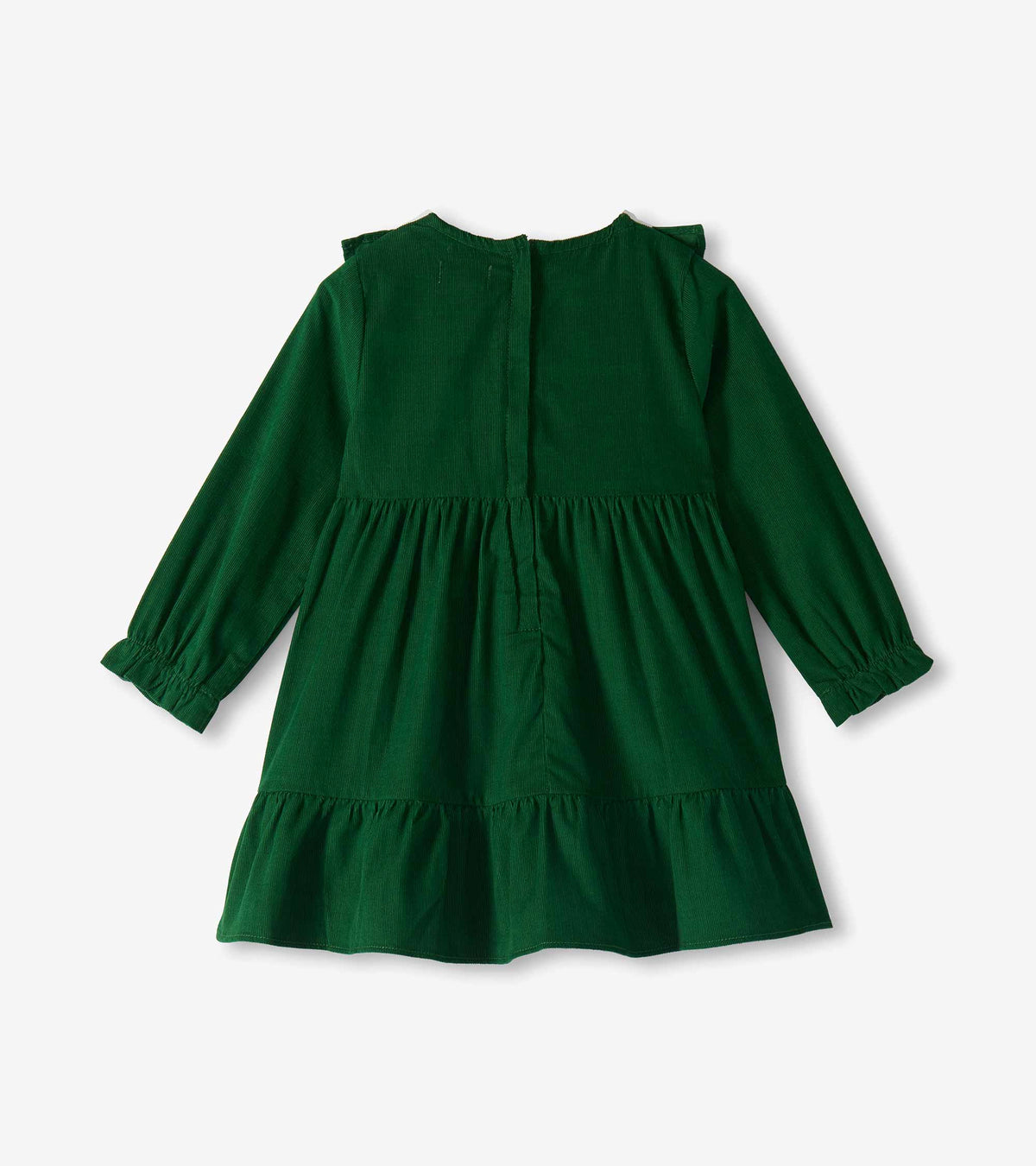 Back view of green long sleeve dress with gathered waist, tiered hem, and back zipper closure