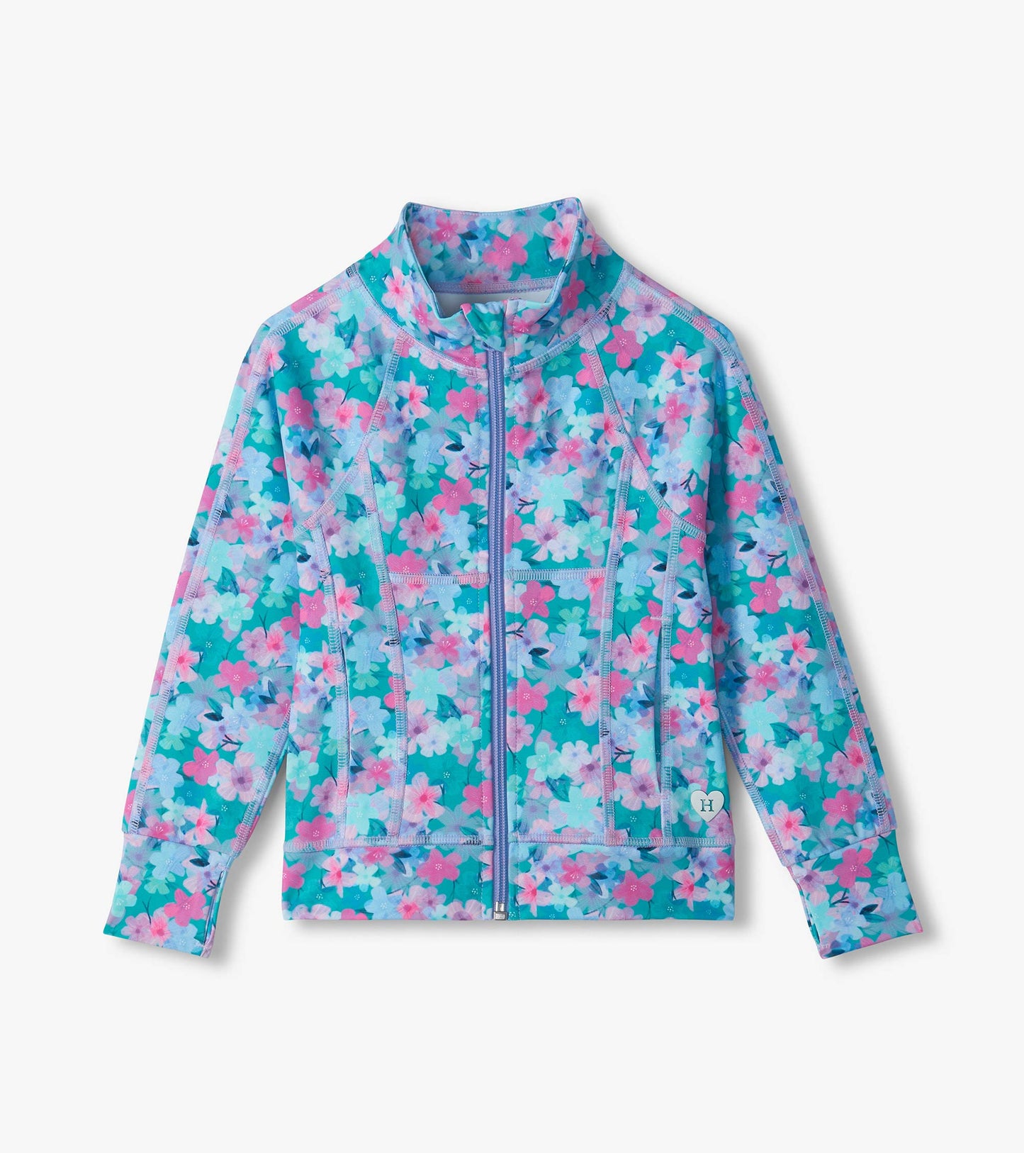 Kids active jacket with turquoise, pink and white floral print, front zip, stand collar and long sleeves