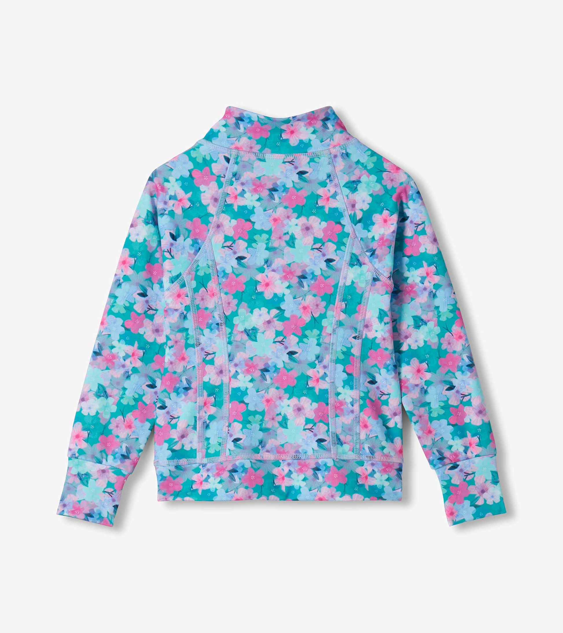 Girls floral active jacket back view with stand collar and teal, pink, and lavender flower print