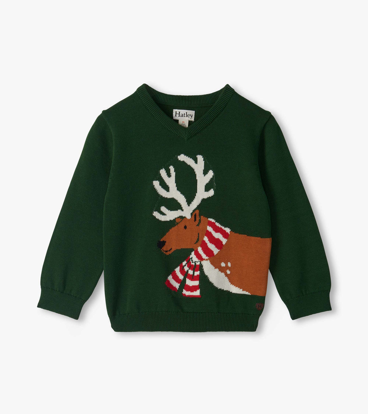 Dark green V-neck sweater with a large reindeer graphic wearing red and white striped scarf and earmuffs