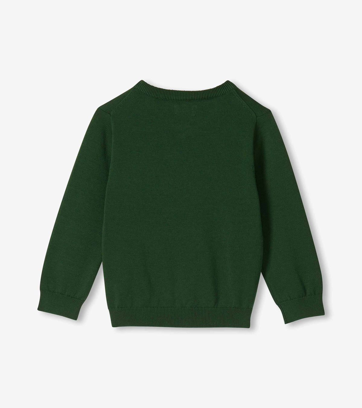 Back view of dark green long-sleeve V-neck sweater with ribbed cuffs and hem