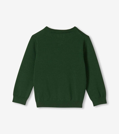 Back view of dark green long-sleeve V-neck sweater with ribbed cuffs and hem