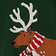 Brown dog wearing white antlers and a red striped scarf on a dark green background