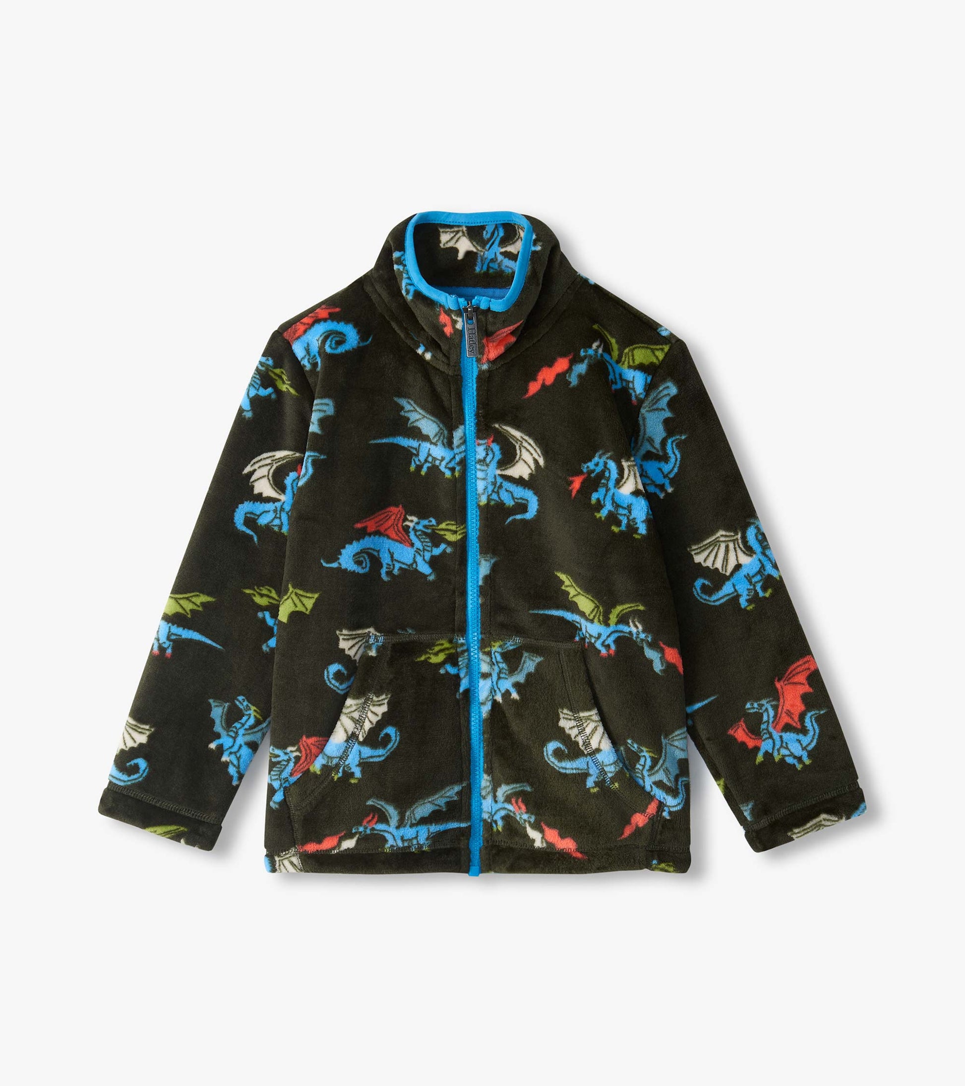 Kids zip-up jacket in black with blue dragon print, bright blue zipper trim, hood, and front pockets