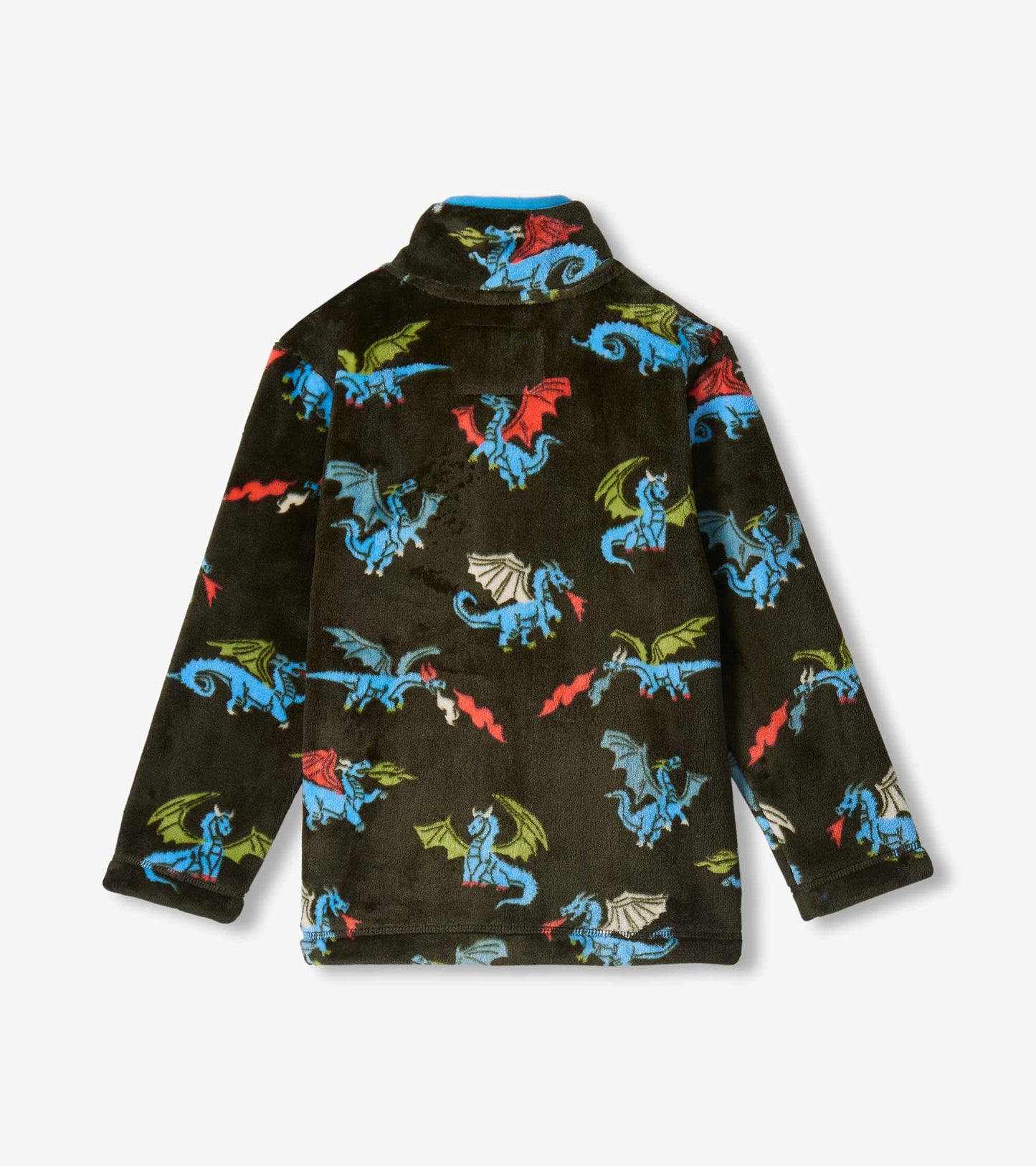 Back view of boys fleece jacket in dark olive with blue, green, red and white dragon print