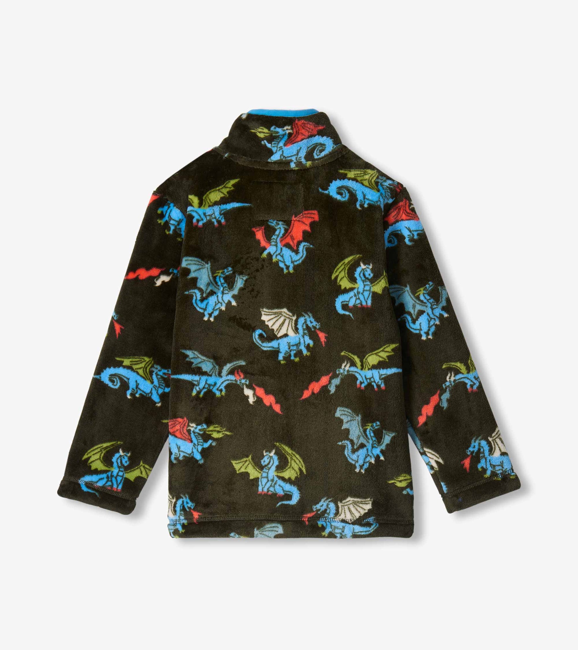 Back view of boys fleece jacket in dark olive with blue, green, red and white dragon print