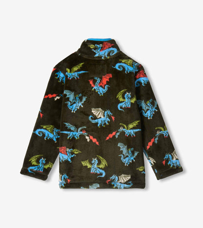Back view of boys fleece jacket in dark olive with blue, green, red and white dragon print