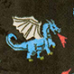 Blue lion with white wings and red tail on a dark background