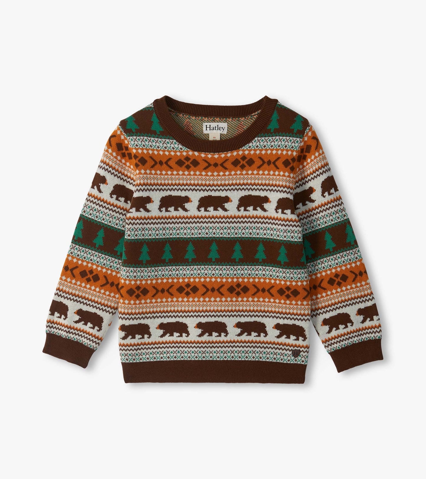 Front view of kids crew neck sweater with brown bear and green tree fair isle pattern in brown, cream, and orange