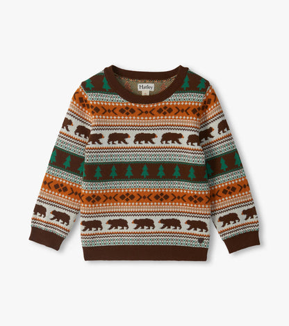Front view of boys crew neck sweater with brown bears, green trees, and amber fair isle stripes
