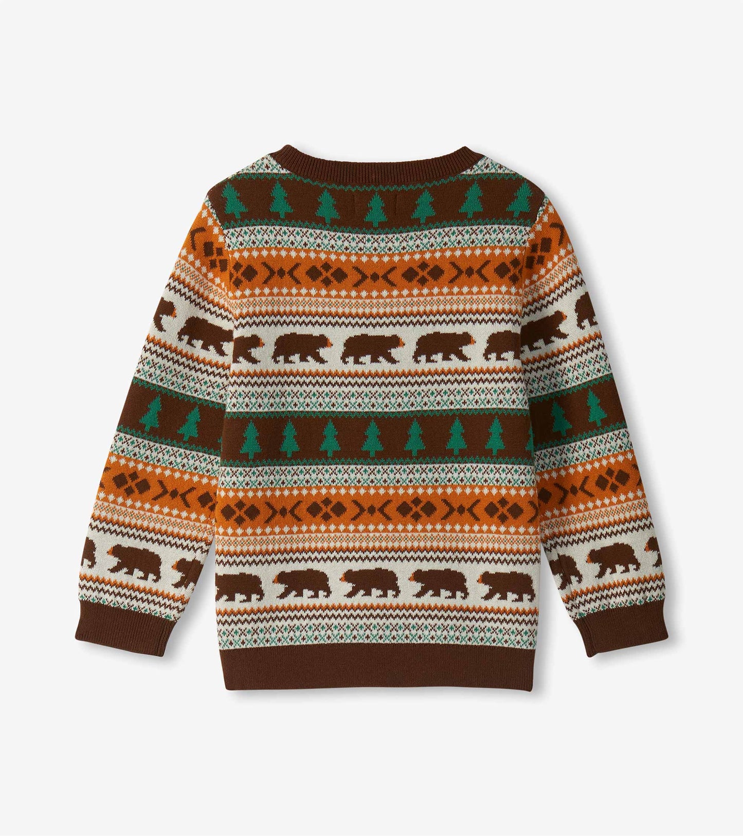 Back view of boys sweater with brown bears, green trees, and amber fair isle pattern