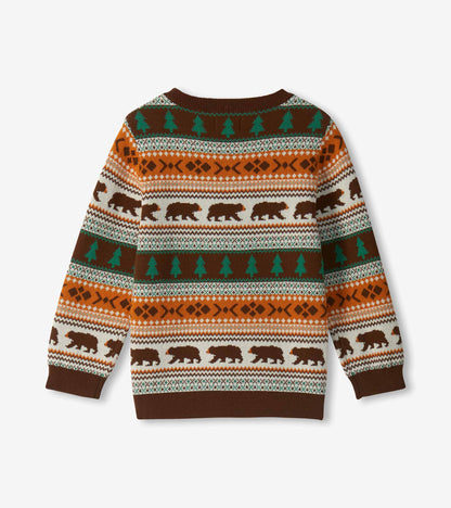 Back view of boys sweater with brown bears, green trees, and amber fair isle pattern