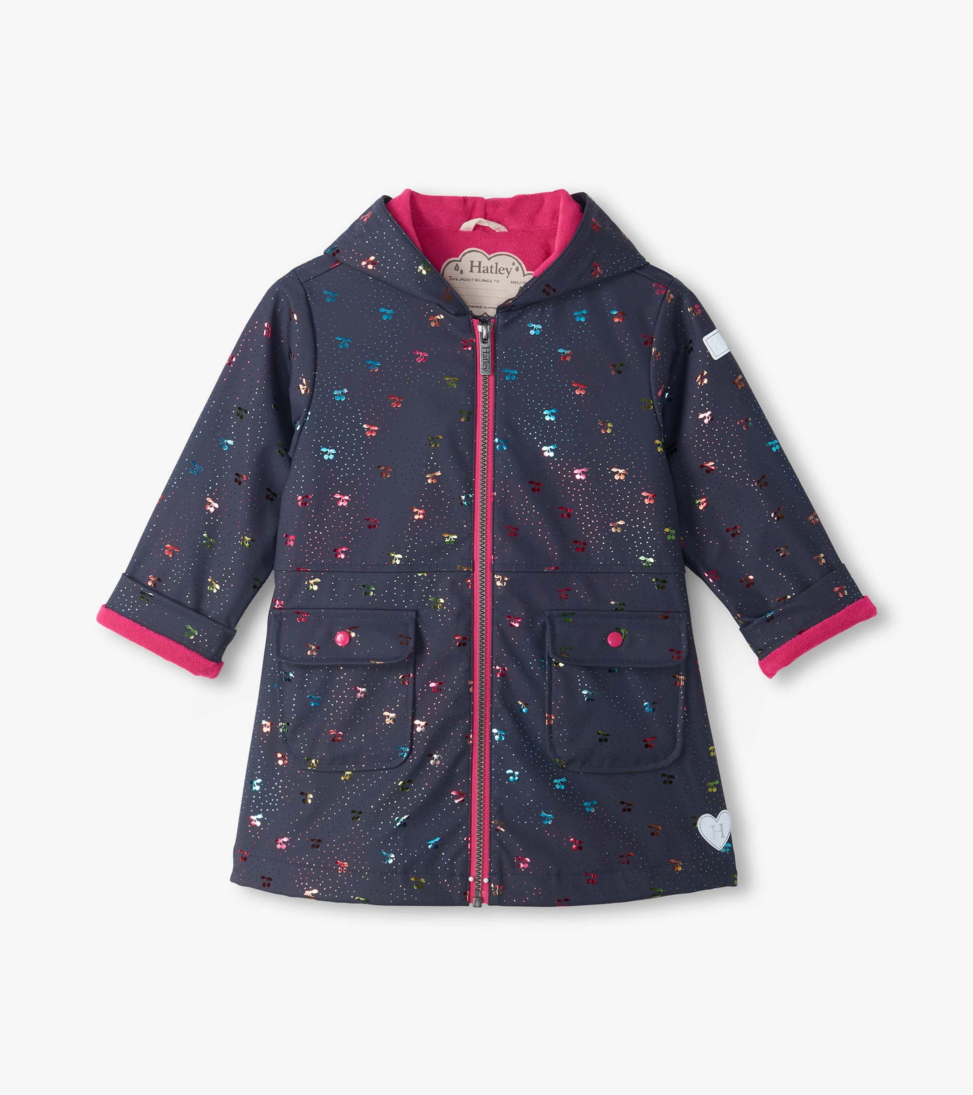 Front view of kids navy hooded rain coat with rainbow foil cherries, pink lining, zipper, and flap pockets