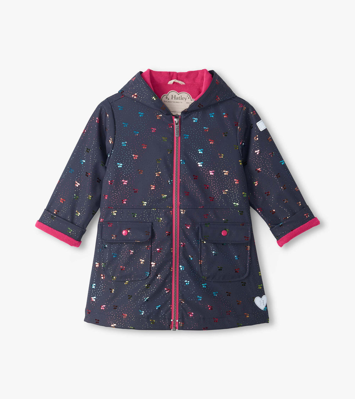 Front view of girls navy hooded rain jacket with rainbow cherry print, pink lining, zipper, and flap pockets