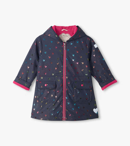 Front view of girls navy hooded rain jacket with rainbow cherry print, pink lining, zipper, and flap pockets
