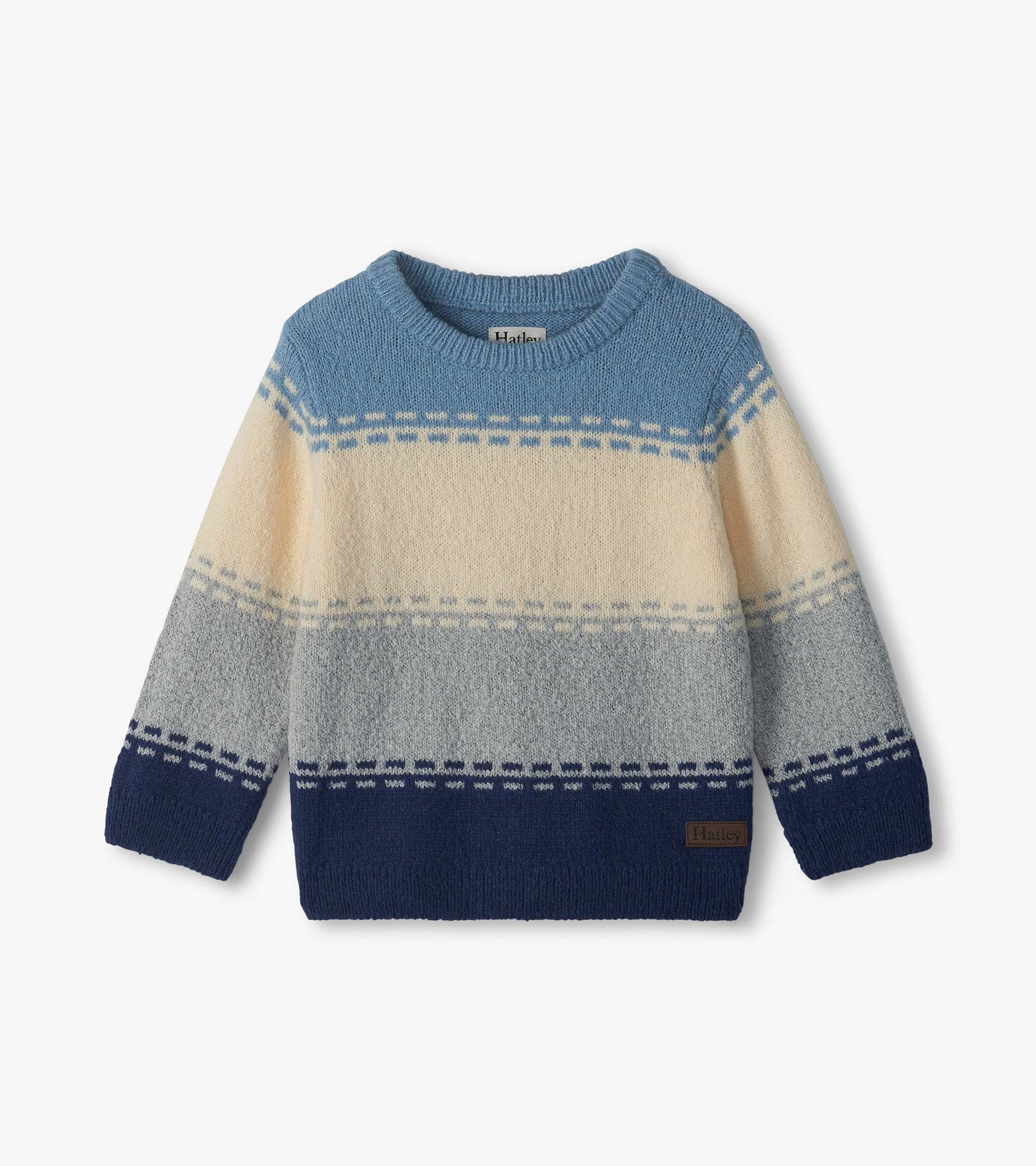 Front view of kids crew neck sweater with blue, cream and gray colorblock stripes and patterned bands