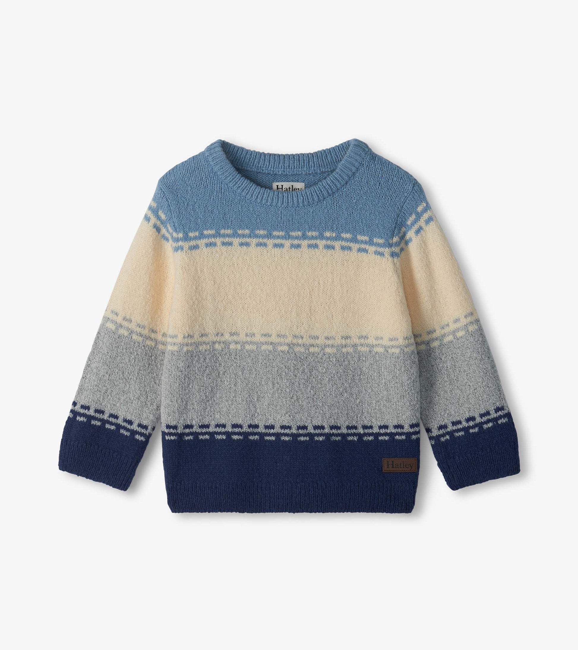 Front view of kids crew neck sweater with blue, cream and gray colorblock stripes and patterned bands