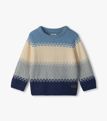 Front view of toddler boys crew neck sweater with blue, cream and grey colourblock stripes and ribbed trim