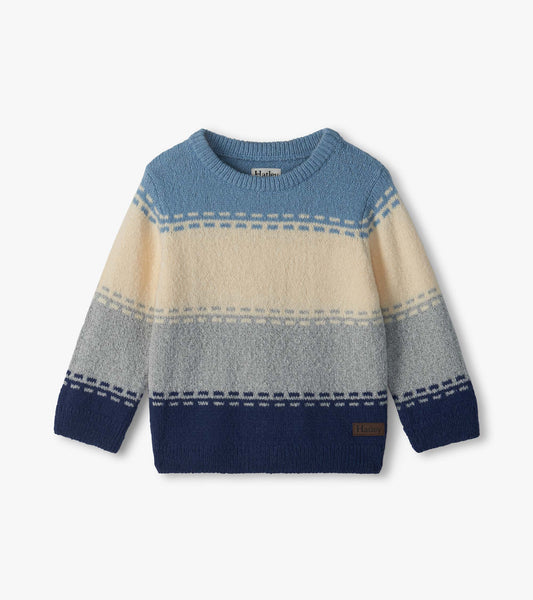 Front view of kids crew neck sweater with blue, cream and gray colorblock stripes and patterned bands