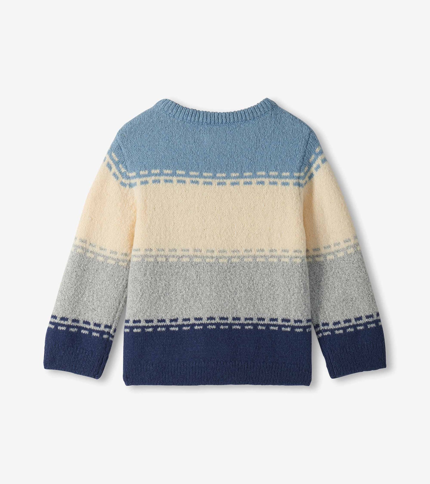 Back view of toddler boys sweater with light blue, cream, grey and navy colourblock stripes