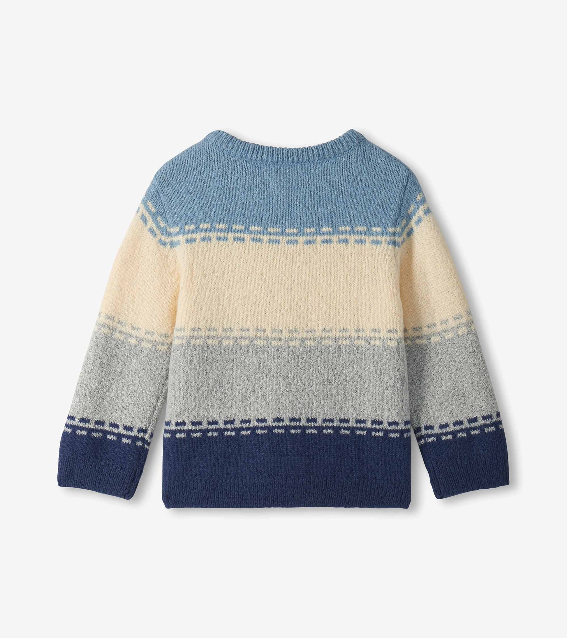 Back view of toddler boys sweater with light blue, cream, grey and navy colourblock stripes