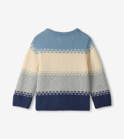 Back view of toddler boys sweater with light blue, cream, grey and navy colourblock stripes