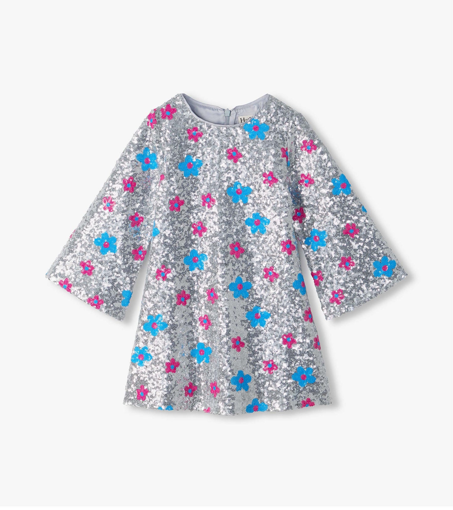 Silver sequin Flower Dots dress with blue and pink flower pattern and long bell sleeves