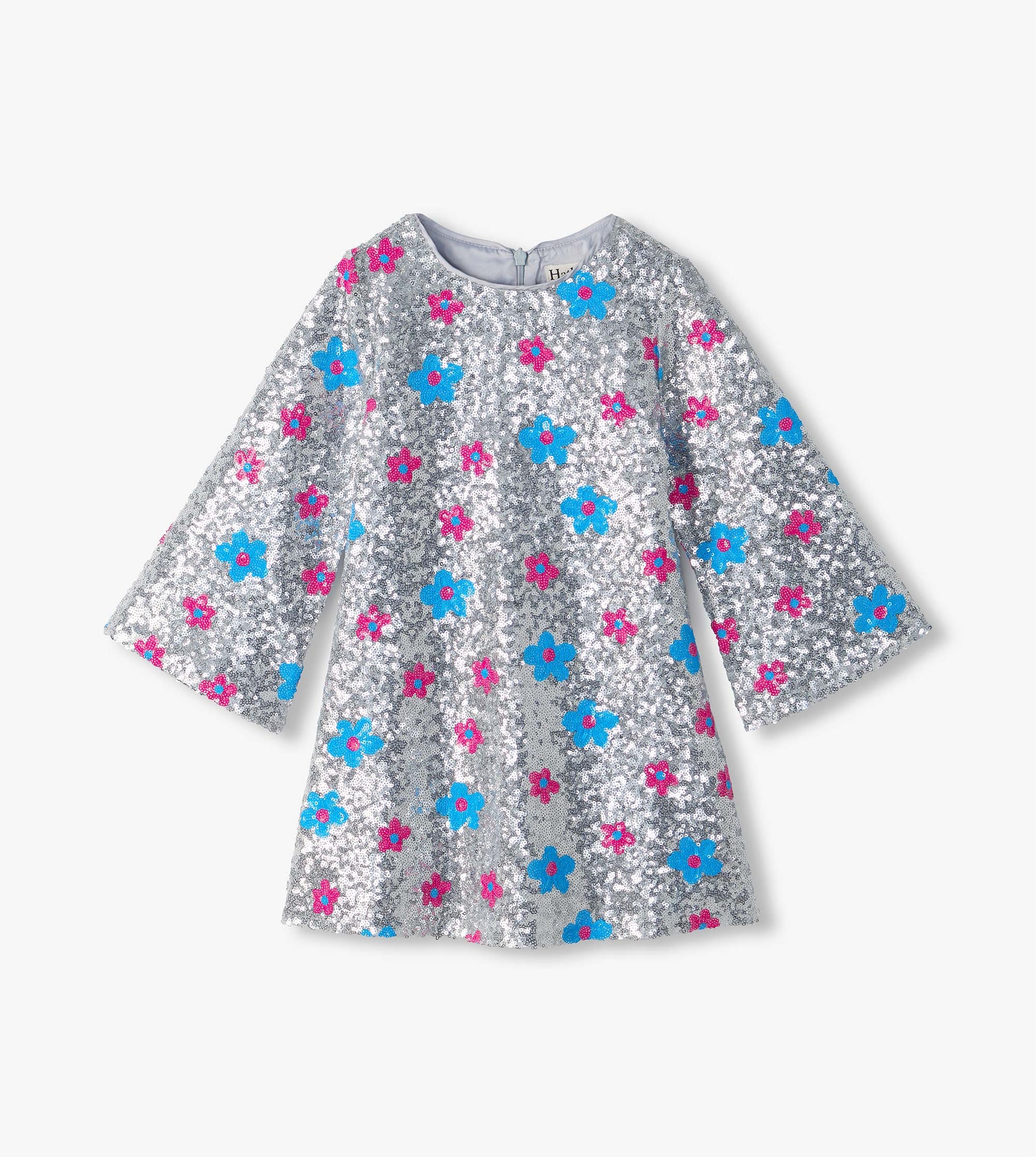 Silver sequin Flower Dots dress with blue and pink flower pattern and long bell sleeves