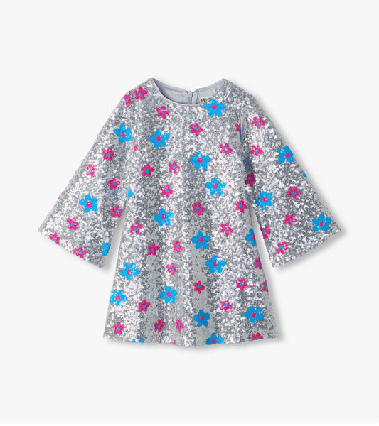 Silver sequin Flower Dots dress with blue and pink flower pattern and long bell sleeves
