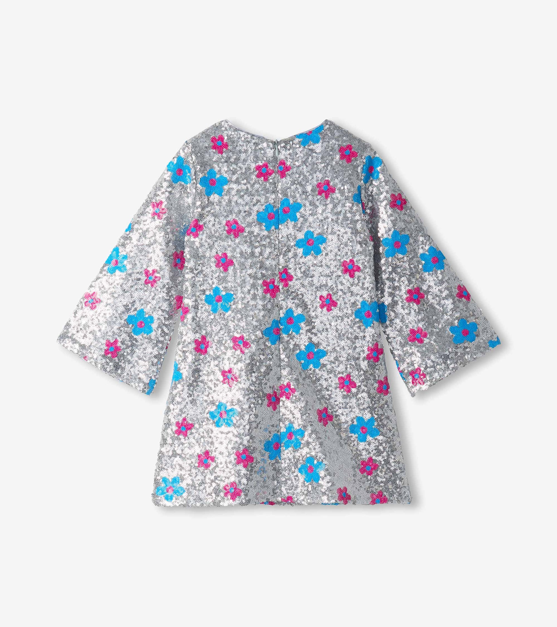 Back view of silver sequin dress with blue and pink flower dots and flared long sleeves