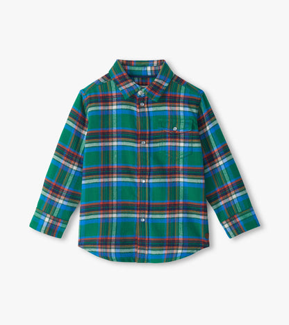 Front view of boys green and blue plaid button-down shirt with snap closures and chest pocket
