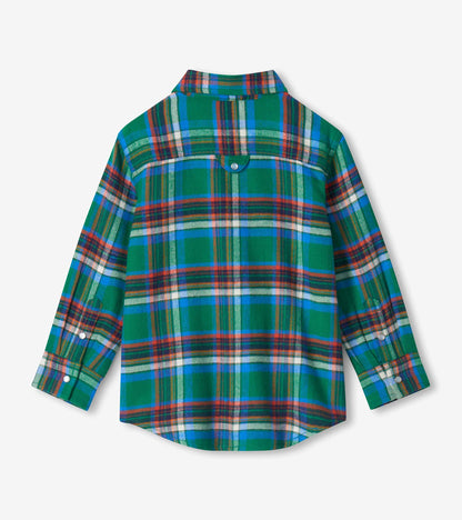 Back view of boys green and blue plaid long sleeve shirt with yoke detail and curved hem