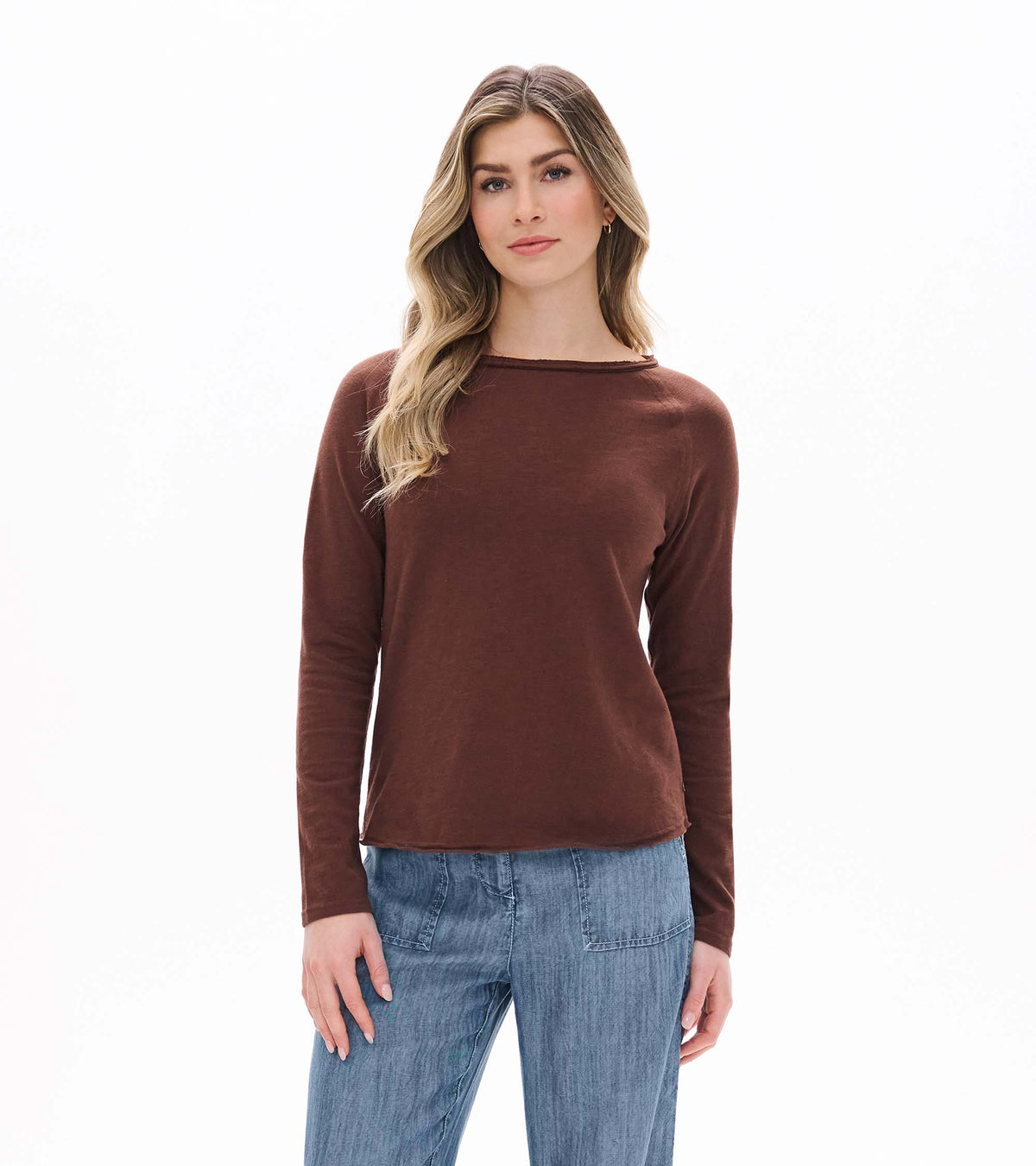 Front view of brown raglan sleeve tee with long sleeves and a wide crew neckline