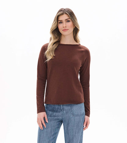 Front view of brown raglan sleeve tee with long sleeves and a wide crew neckline