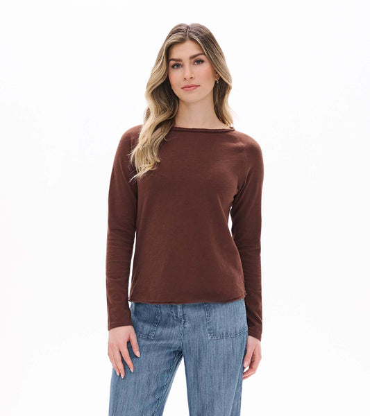 Front view of brown raglan sleeve tee with long sleeves and a wide crew neckline