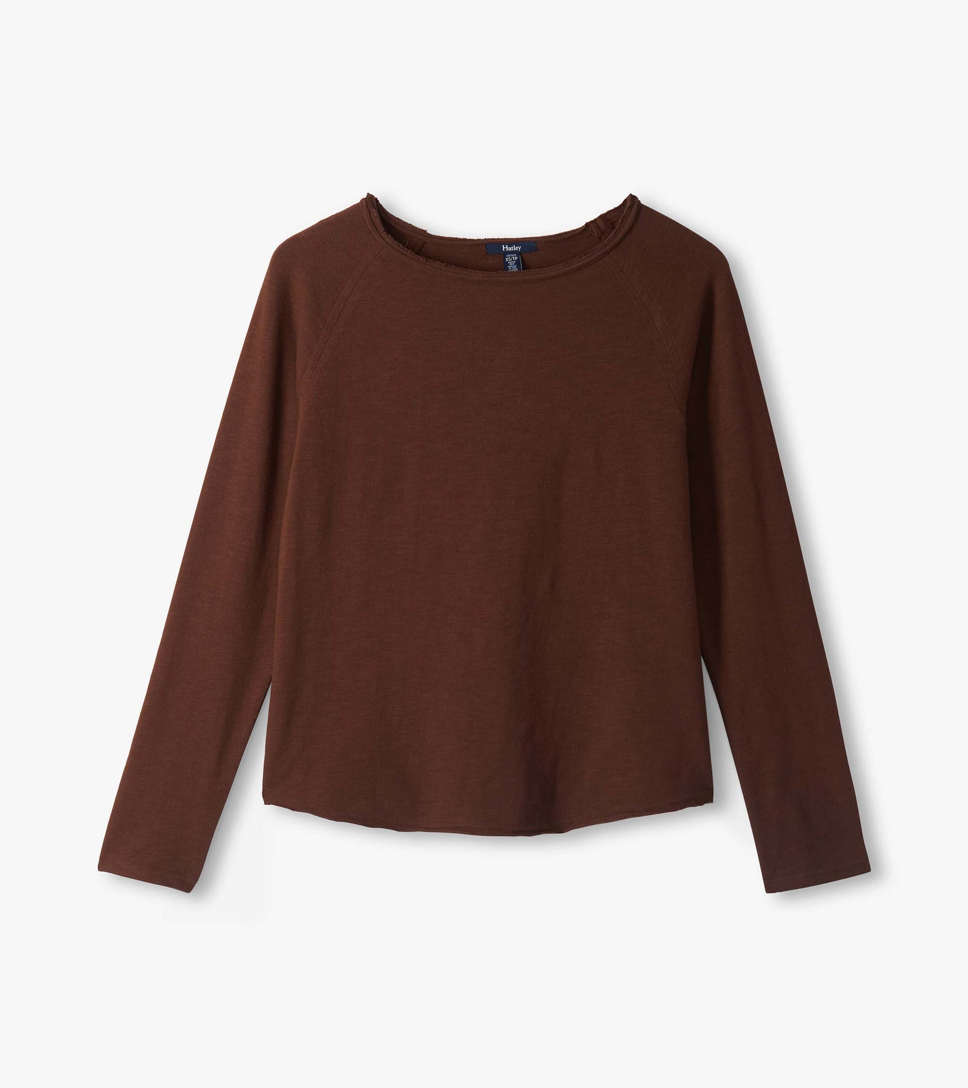 Brown long sleeve raglan tee laid flat with a wide neckline and slightly curved hem