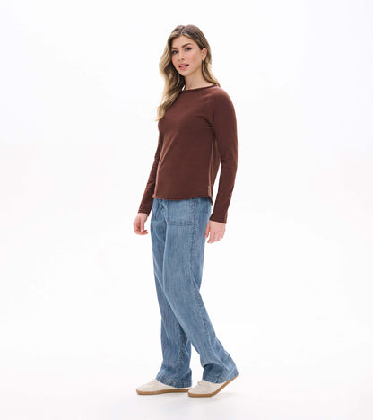Side front view of brown raglan sleeve tee with long sleeves and a wide neckline