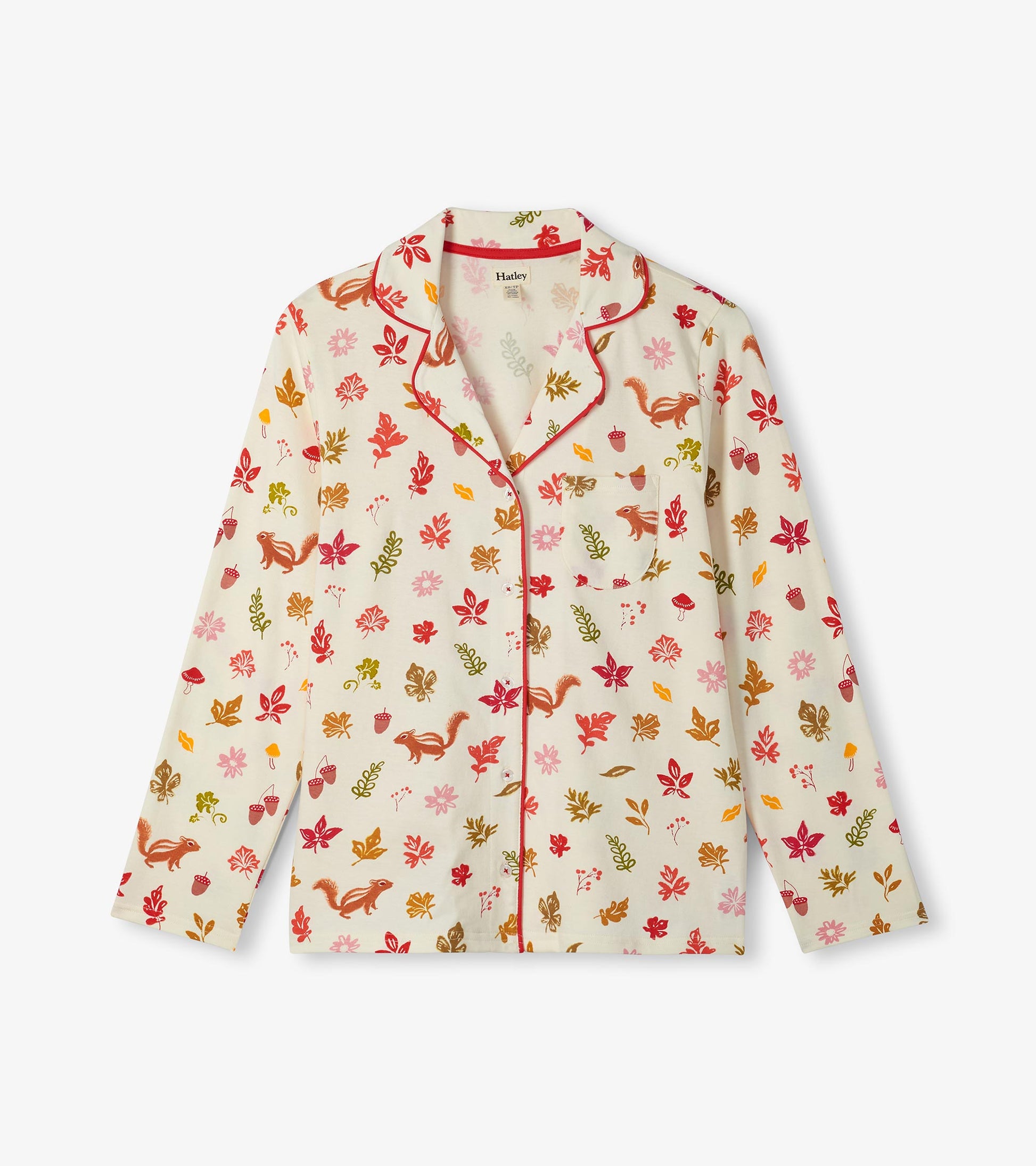 Pajama top with red piping, chest pocket, and fall print of leaves, acorns, mushrooms, and squirrels